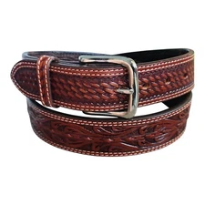 Western Rodeo Cognac Brown Double Stitched Tooled Leather Belt Floral Size 36