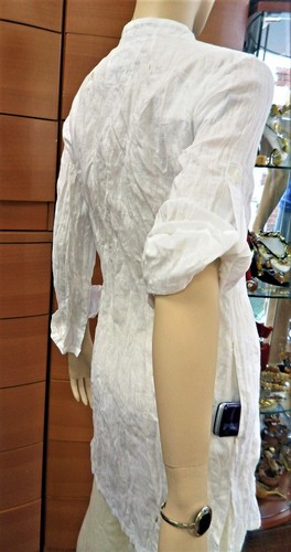 CRINKLE LINEN BUTTON DOWN SHIRT POCKETS LONG TUNIC MADE IN EUROPE ORGANIC LINEN - Picture 11 of 19