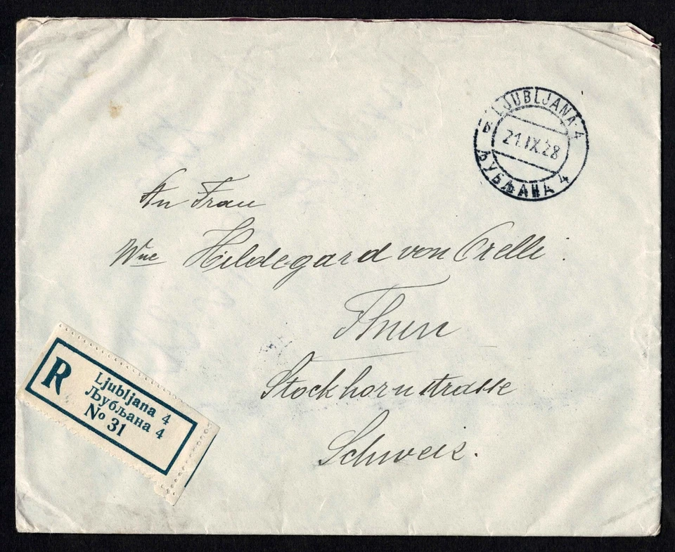 Eslovaquia Cubierta registrada de Liubliana 1928 por correo aéreo a Suiza Foto 2 de 3