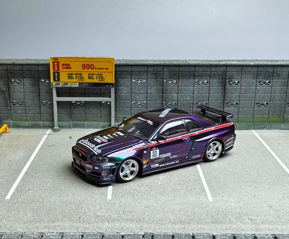 TM 1:64 JDM Purple Skyline GTR R34 Racing Sports Model Diecast Metal Car