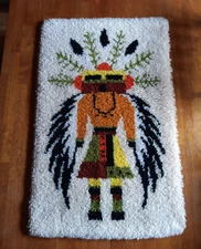 Vtg Shillcraft Native American Kachina Latch Hook Wool Rug Wall Hanging 35 x 22"