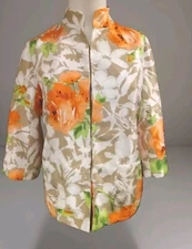 Susan Graver Orange Satin Floral 3/4 Sleeve Blazer Jacket Size M