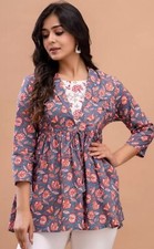 indian cotton dresses for women; Blue  Red Floral Printed Cotton Tunic Kurti