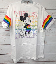 NWT Disney Parks Rainbow Stripe Sleeve Pride Mickey Mouse White T-Shirt M WDW