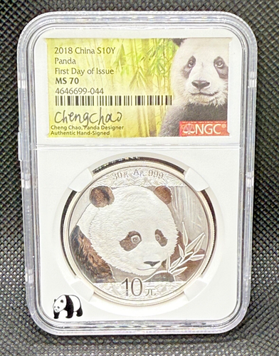 2018 SILVER CHINESE PANDA ✪ NGC MS-70, 1st Day of Issue signed by Cheng Chao