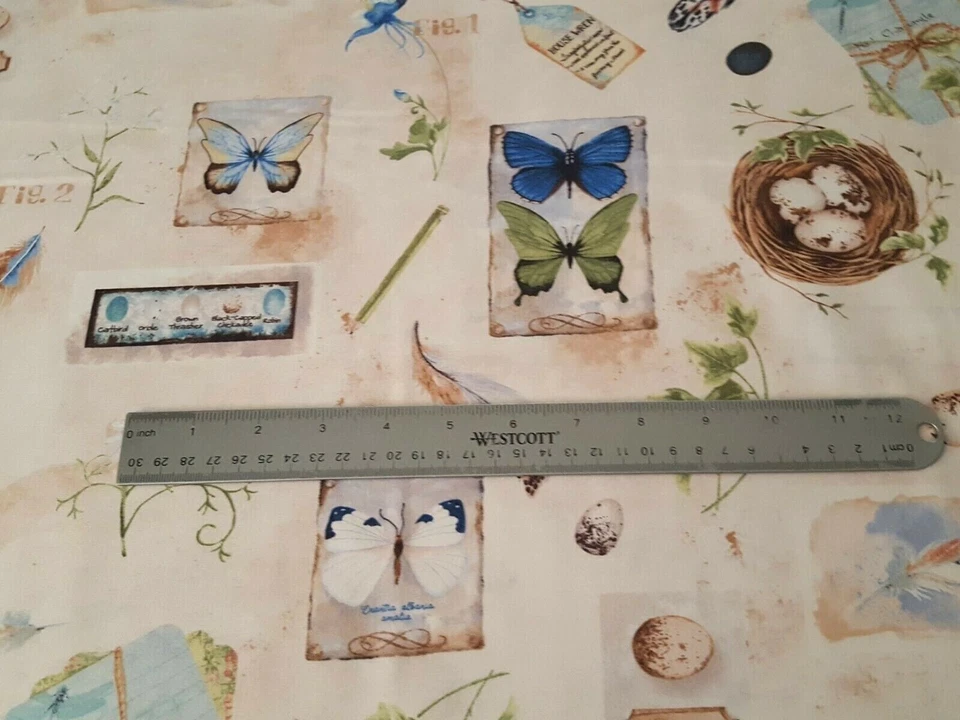 Nature Study BTY Nancy Mink Wilmington Mariposa Pluma Huevo Floral Beige Foto 2 de 3