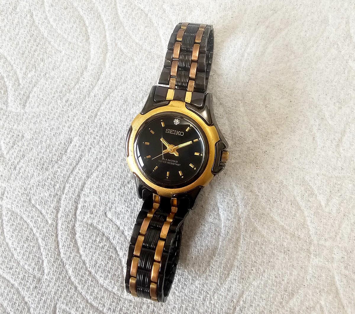 SEIKO Womens Diamond Series Watch, Black/Gold, 18K Gold Plated