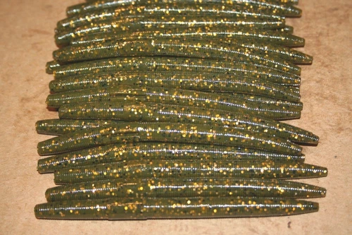 5" Stick Senko Style Green Pumpkin Copper Fleck 50 count bag bulk Bass Worms