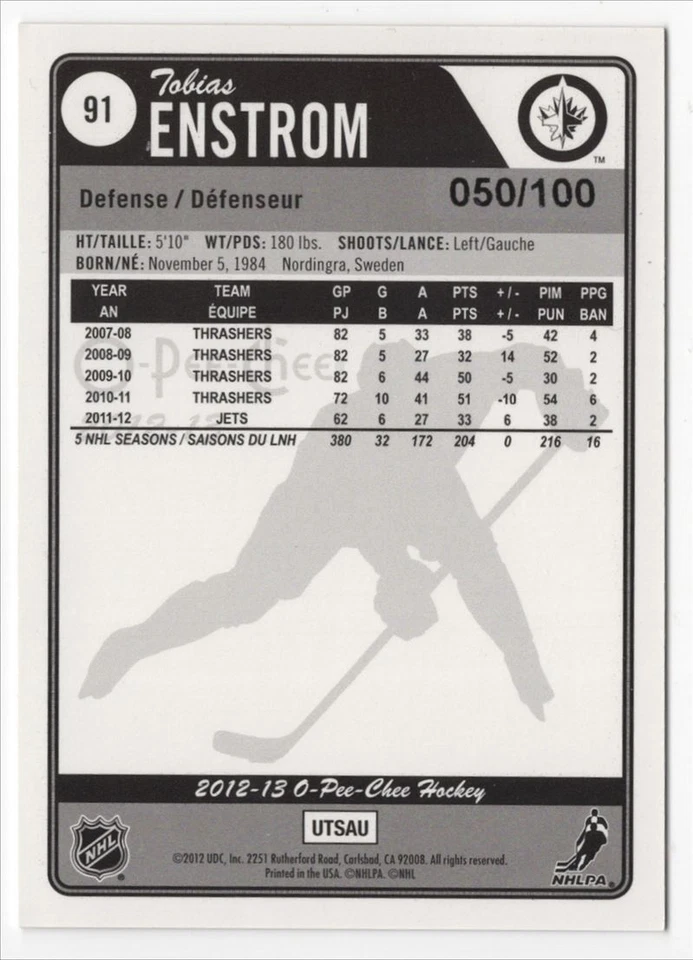 2012-13 O-Pee-Chee Tobias Enstrom /100 Winnipeg Jets #91 R118 - Image 2 of 2