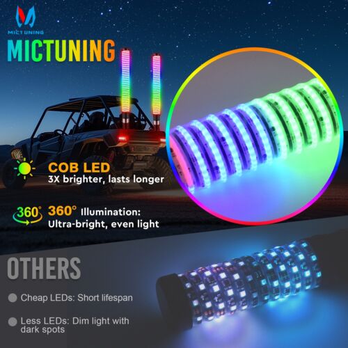 2 piezas 2 pies COB RGB + IC LED espiral látigo de grasa luces aplicación y control remoto para ATV UTV - Imagen 5 de 11