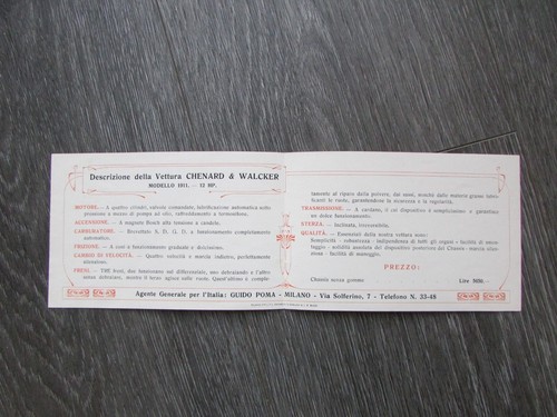 Vettura Chenard & Walcker Torpedo 12 HP Modello 1911 Original Car Brochure - Picture 11 of 14