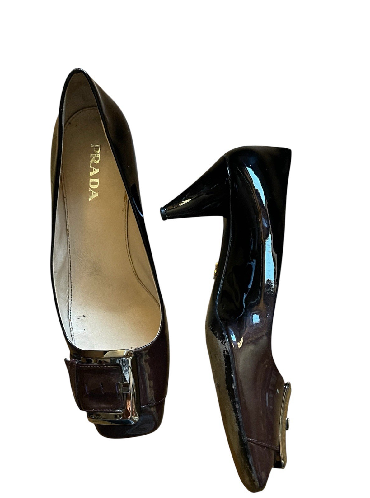 PRADA Black Patent Logo Buckle Low Heel Pumps, EU 38 , US 7 thumbnail 2