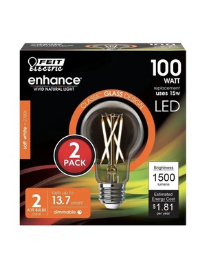 Feit Electric A100CL927CA/FIL/2 Filament Enhance LED BulbS A19 Lamp, 100 W Equiv