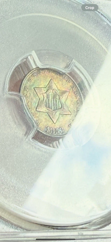TONED 1853 3 CENT SILVER TRIME PCGS AU58 (RAINBOW TONING)! - Image 2 of 4