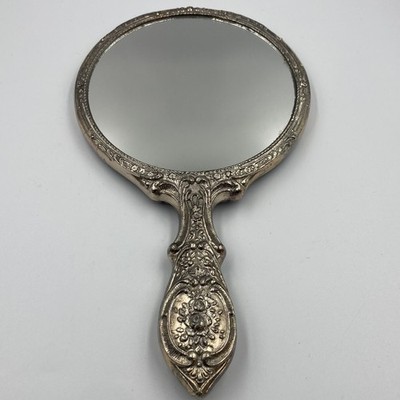 Vintage Silver-Plated Metal Ornate Floral Design Hand-Held Vanity Mirror.