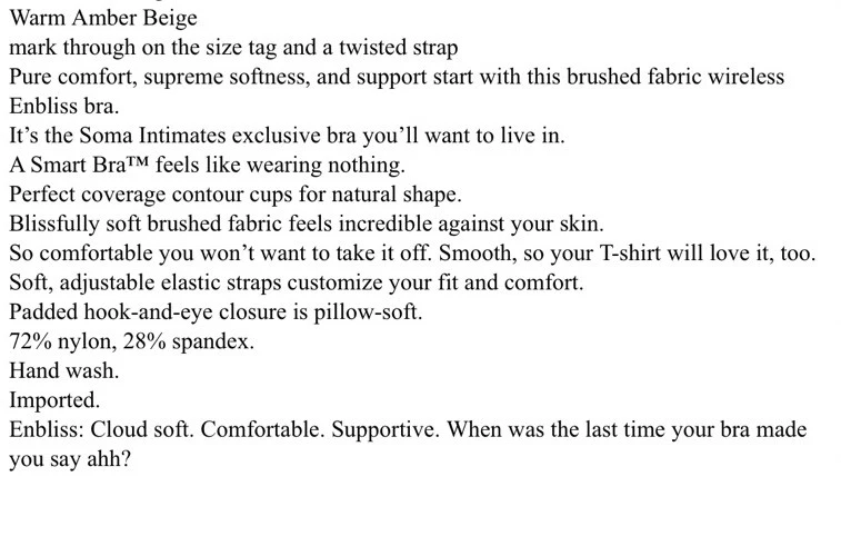 NWT Soma 40B Enbliss Wireless Warm Amber Beige Bra Style: 570222679 - Image 2 of 4