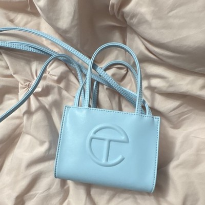Telfar Pool Blue Small Shopping Bag Crossbody Purse w/ Logo, Detachable Strap