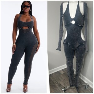 FASHION NOVA Cutout Washed-Black Ribbed Halter Jumpsuit- MEDIUM- PRELOVED