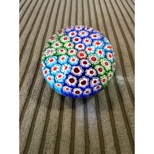 Vintage Murano Millefiori Art Glass Paperweight Blue Green Red Floral