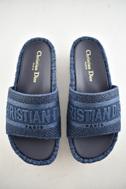 Christian Dior Dway Blue Denim Oblique Canvas Logo Slide Mule Heel Flat Wedge 40 | eBay