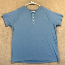Normal Brand Henley Shirt Men's Large Heather Blue Short Sleeve Bear Logo STAIN