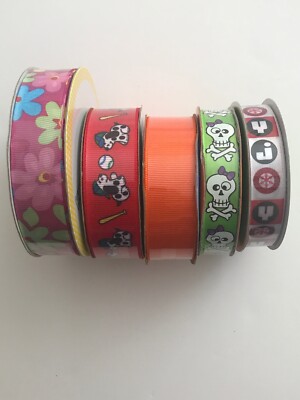 5 Asst Ribbon Batter Up Pup, Halloween Skulls, Purple Flowers, Orange, White JOY