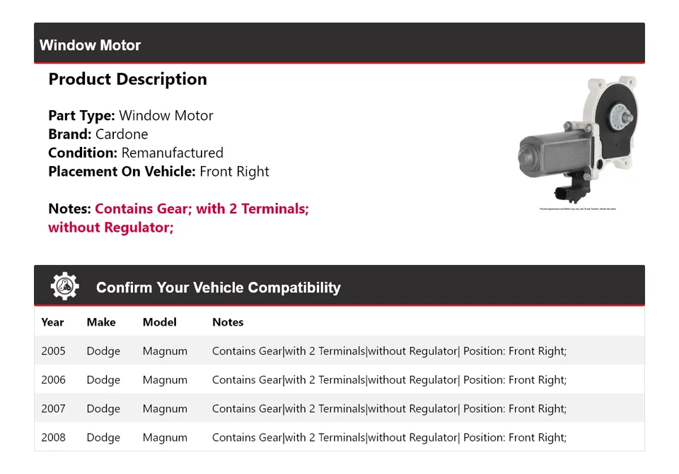 Para 2005-2008 Dodge Magnum motor de janela dianteiro direito Cardone 2006 2007 - Imagem 2 de 4