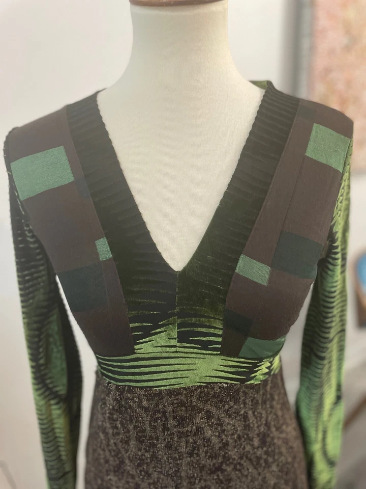 Vestido retro CUSTO Barcelona verde/marrón manga larga cuello en V, talla 3 Foto 2 de 4