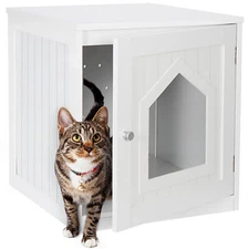 Heavy Duty Wooden Cat Litter Box Side Table Cat House for Home Decor White