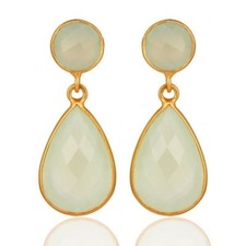 Natural Chalcedony Prehnite Sterling Silver Dangle Earrings Gold Plated Jewelry