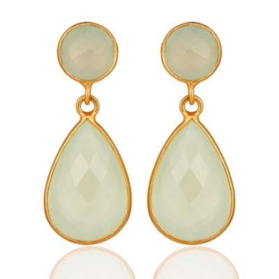 Natural Chalcedony Prehnite Sterling Silver Dangle Earrings Gold Plated Jewelry