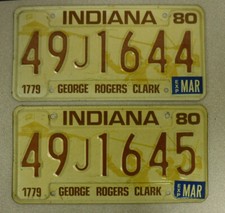 PAIR 1980 Indiana License Plate with Stickers, Consecutive Numbers