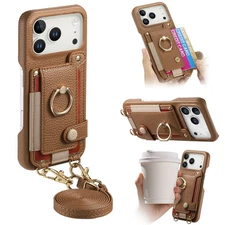 For iPhone 17 Pro Max 16 15 12 Crossbody Strap Wallet Card Slot Grip Ring Case