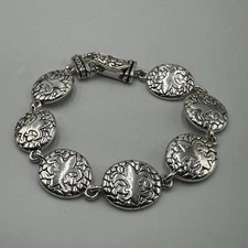 Fleur De Lis Bracelet Silver Tone Linked Medallion Magnetic Clasp Textured 7.5"