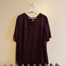 Notations Woman 2X Purple Black Geometric Print Short Sleeve Top Blouse