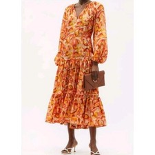 $1206 ZIMMERMANN Mae Tiered Swirl-print Silk Midi DressOrange Sz 4 P Small