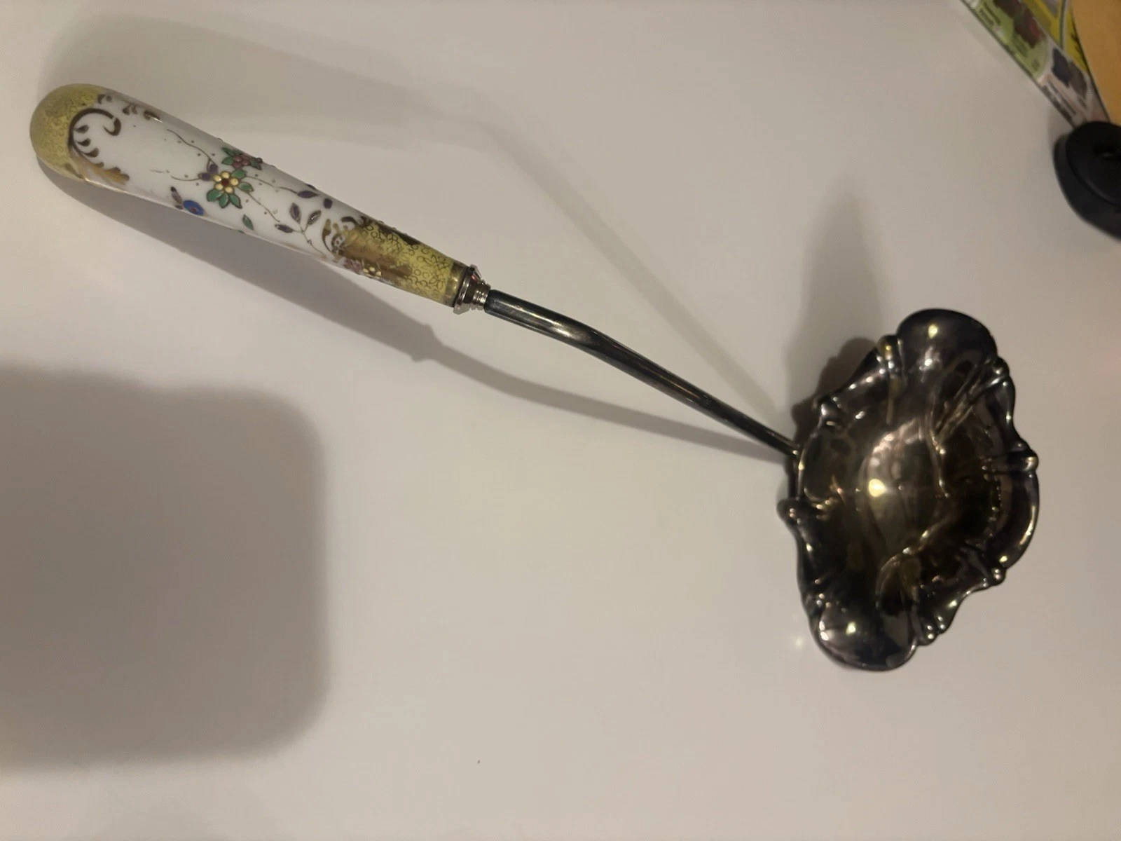 Antique Victorian Style A&E Lewis Silverplate Gravy Ladle Floral Ceramic Handle