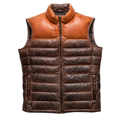 Pure Leather Puffer Vest Men Brown Sleeveless Down Jacket Winter Warm Waistcoat