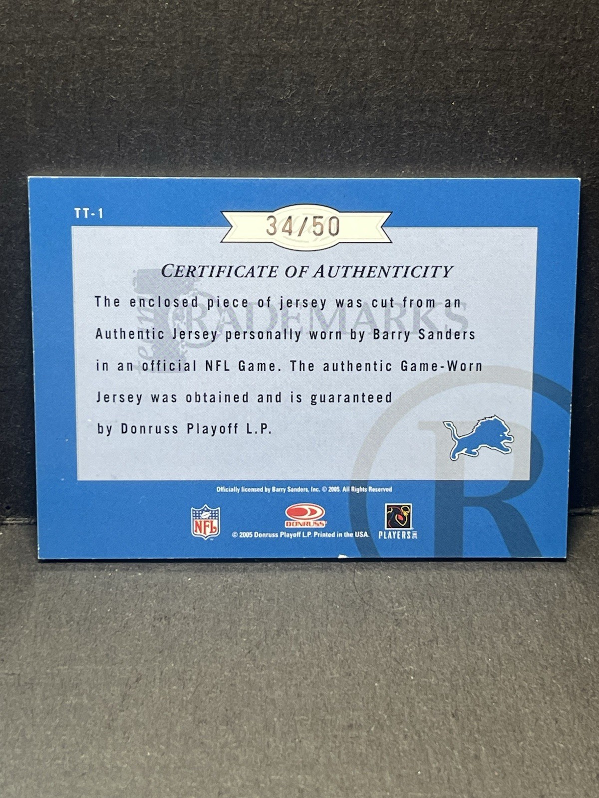 Barry Sanders Auto Game Used Patch 2005 Leaf Limited Trademarks /50 Lions HOF view 3
