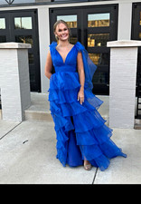 Blue V-Neck Sleeveless Layered Ruffle Long Gown Dress w/ Slit Size 2