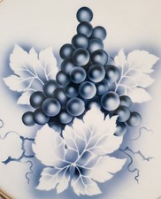 Vintage Art Deco Tortenplatte Porzellan mit Obstdekor Trauben Metallrand Griffe