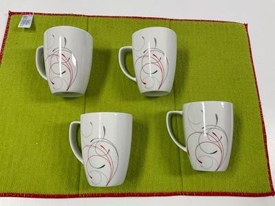 4 Corelle Coordinates Splendor Mugs Red Gray Swirls 12oz Cups Porcelain