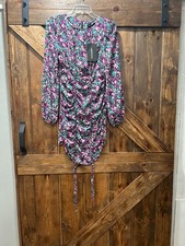 Pretty Little Thing Floral Print Lilac Ruched Plunge Chiffon Mini Dress 6