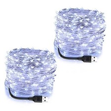USB Powered Fairy Lights, 2 Pack 33Ft 100 LED, Flexible Silver Cool White