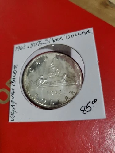 1963 .80% Silver Dollar Canoe Voyaguer  Canada Beauty. Bright White 2x2 Protect