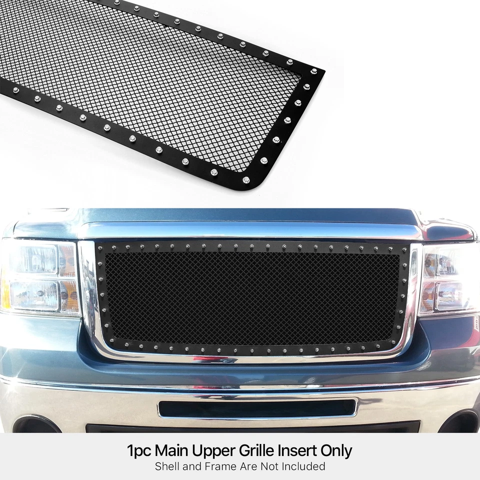 Se adapta a 07-10 GMC Sierra 2500/3500 HD principal superior de acero inoxidable malla negra rejilla remache Foto 3 de 3