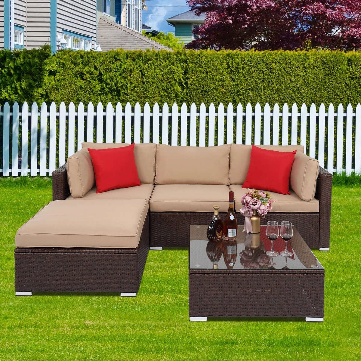 5pcs Outdoor Sectional Set Wicker Patio Sofa Set with Cushions