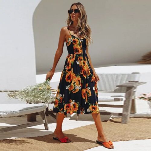 Summer Women Boho Holiday Strappy Floral Maxi Beach Sundress Party Long Dress - Picture 96 of 117
