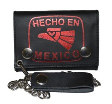 Leatherboss Genuine Leather Men MEXICO Trifold Wallet Chain Biker Trucker, Black