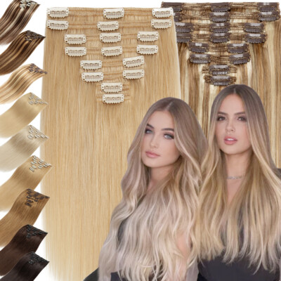 Extra Thick Double Weft Clip In Hair Extensions 8A 100%Remy Human Hair Full Head